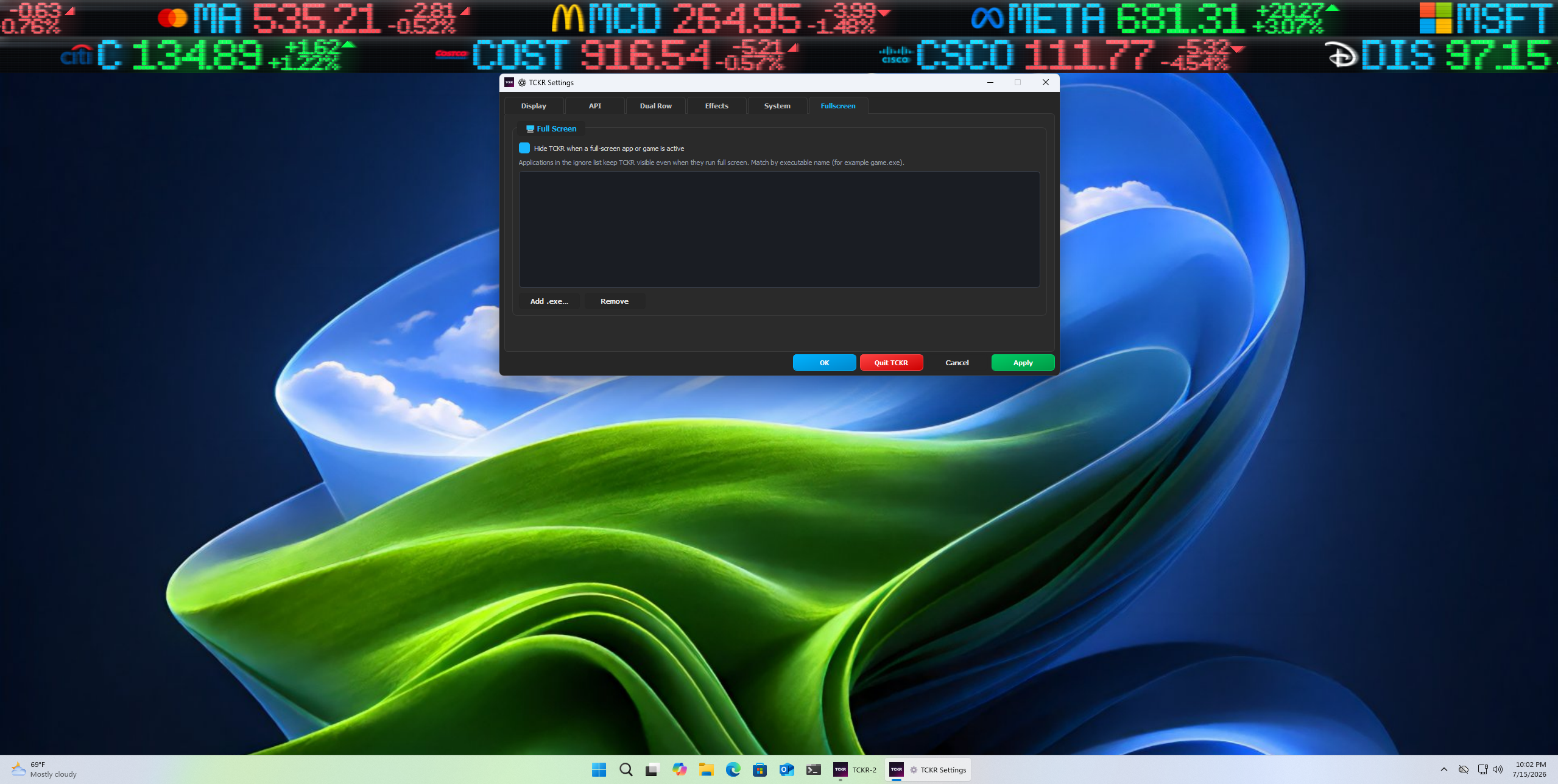 TCKR Fullscreen settings with hide-when-active option