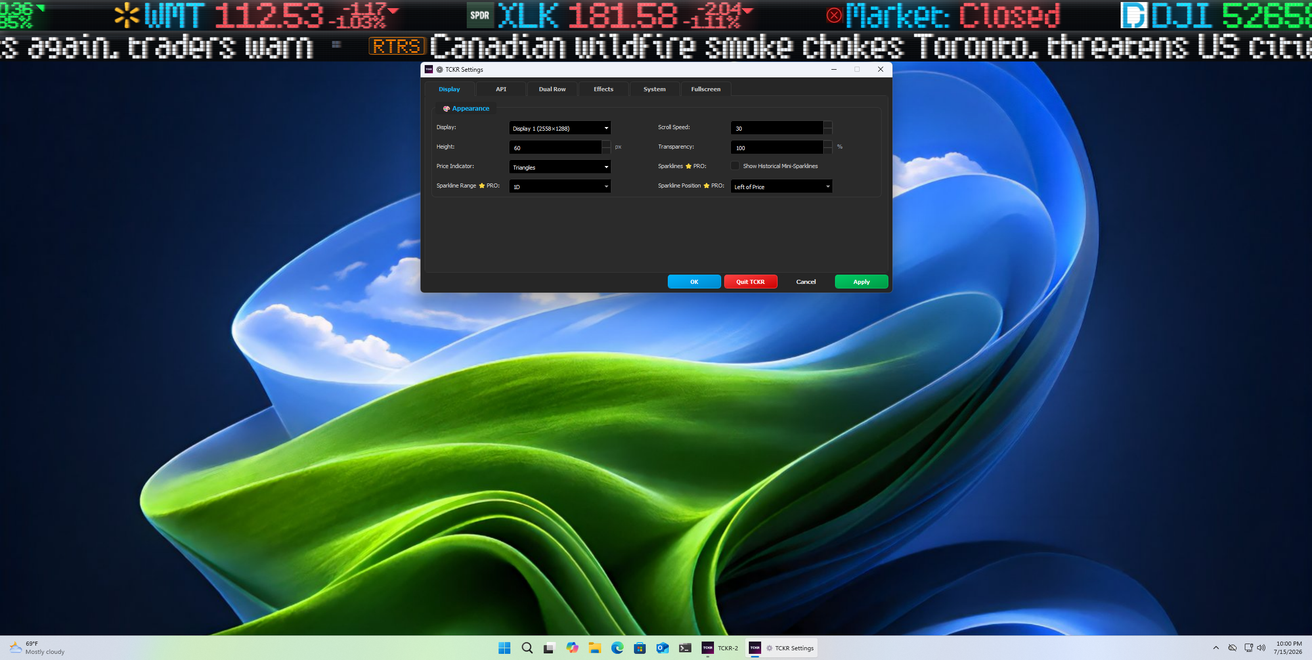 TCKR Display settings with ticker running at the top