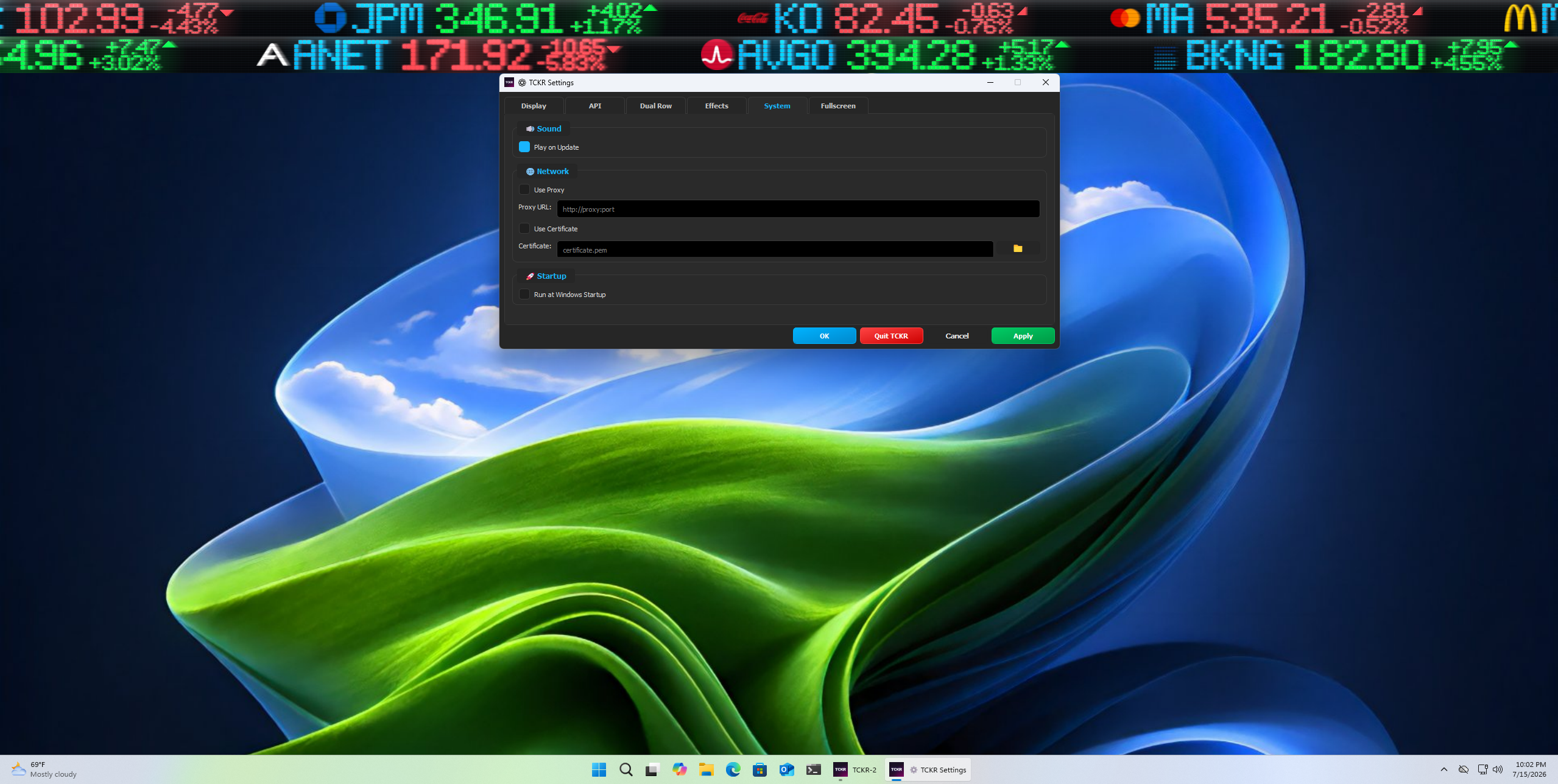 TCKR System settings tab