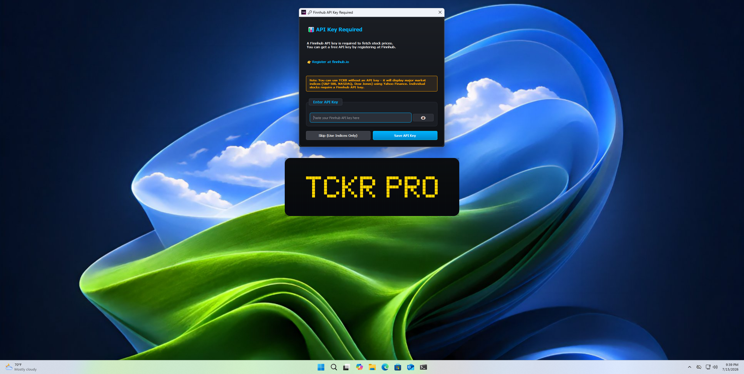 TCKR Finnhub API key setup dialog