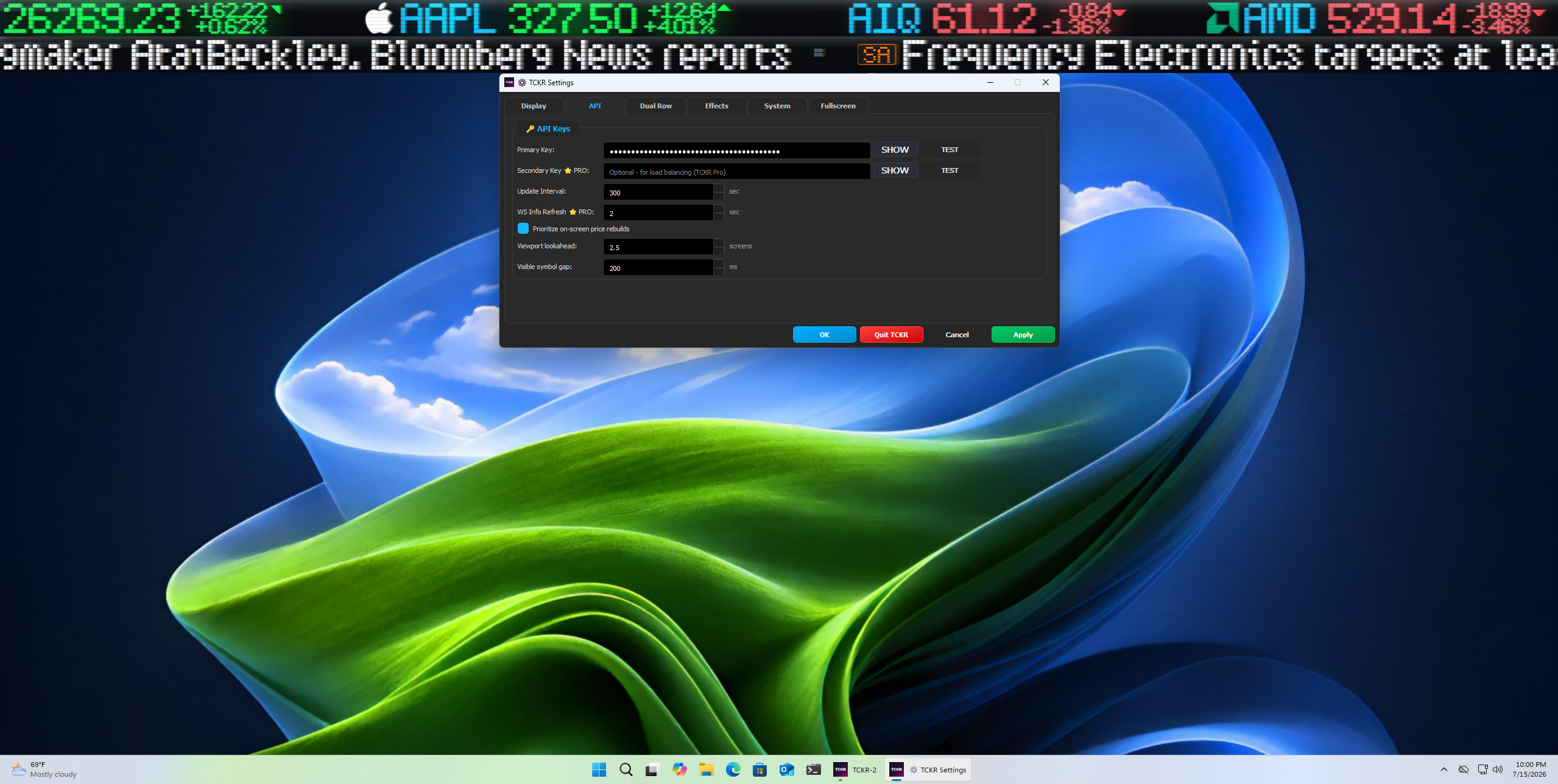TCKR API settings tab